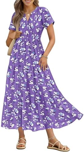 Casual Floral Maxi Dresses Summer Cross V Neck Short Sleeve…
