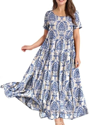 Casual Loose Bohemian Floral Dress with Pockets Short Sleev…