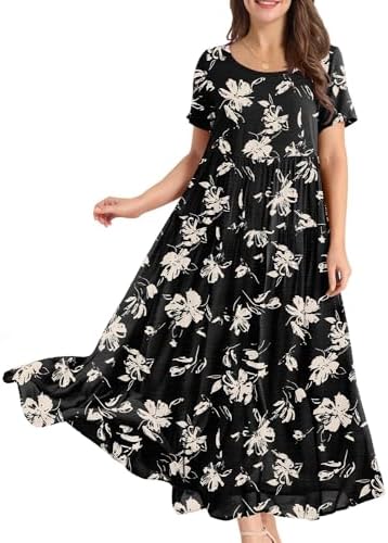 Casual Loose Bohemian Floral Dress with Pockets Short Sleev…