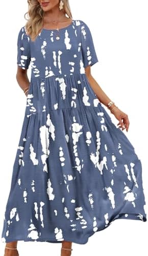 Casual Loose Bohemian Floral Dress with Pockets Short Sleev…
