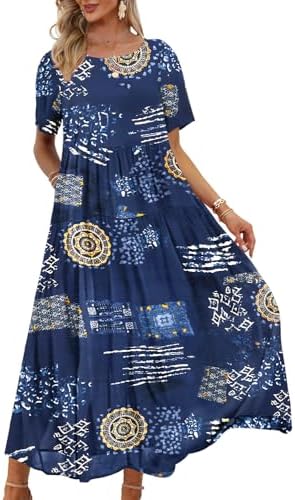 Casual Loose Bohemian Floral Dress with Pockets Short Sleev…