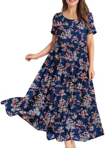 Casual Loose Bohemian Floral Dress with Pockets Short Sleev…