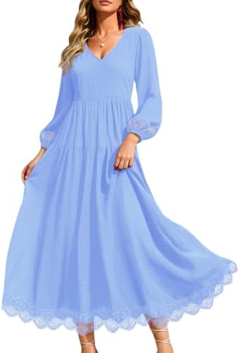 Fall Boho Long Sleeve Lace Inset Maxi Dresses 3XL EVFP3 Blue