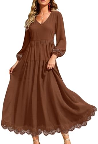 Fall Boho Long Sleeve Lace Inset Maxi Dresses M EVFP3 Coffee