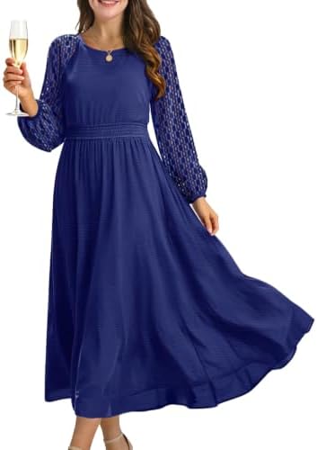 Fall Lace Long Sleeve Wedding Guest Dresses L ELL Navy Blue