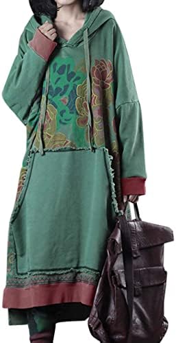 Long Casual Hooded Sweatshirt Dress Ethnic Floral Print Col…