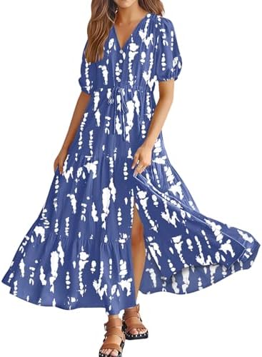 Summer Boho Maxi Dress V Neck Puff Sleeve Tiered Split Casu…