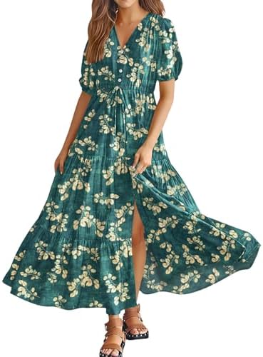 Summer Boho Maxi Dress V Neck Puff Sleeve Tiered Split Casu…