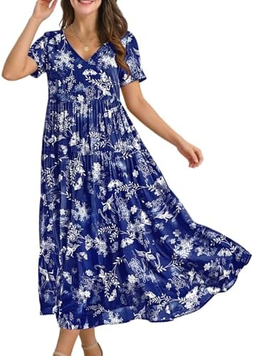 Summer Maxi Dresses Casual Floral Short Sleeve V Neck Boho …