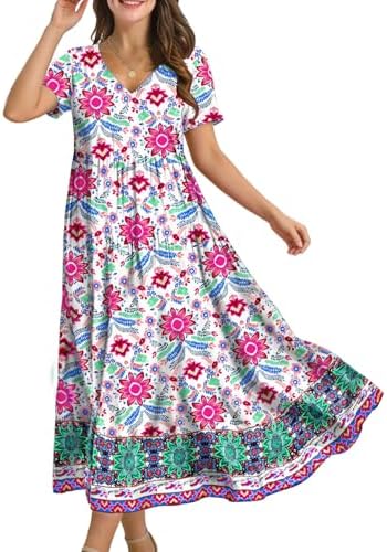 Summer Maxi Dresses Casual Floral Short Sleeve V Neck Boho …