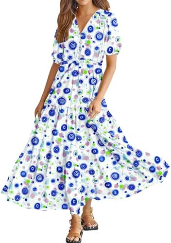 Summer Maxi Dresses Casual Puff Sleeves V Neck Button Tiere…