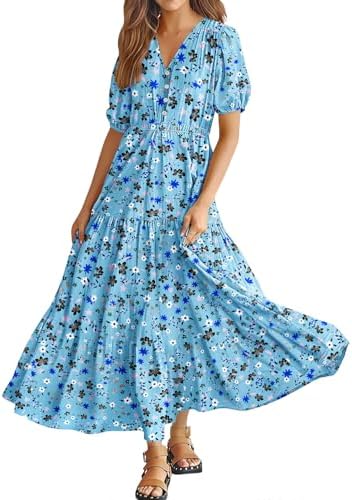 Summer Maxi Dresses Casual Puff Sleeves V Neck Button Tiere…